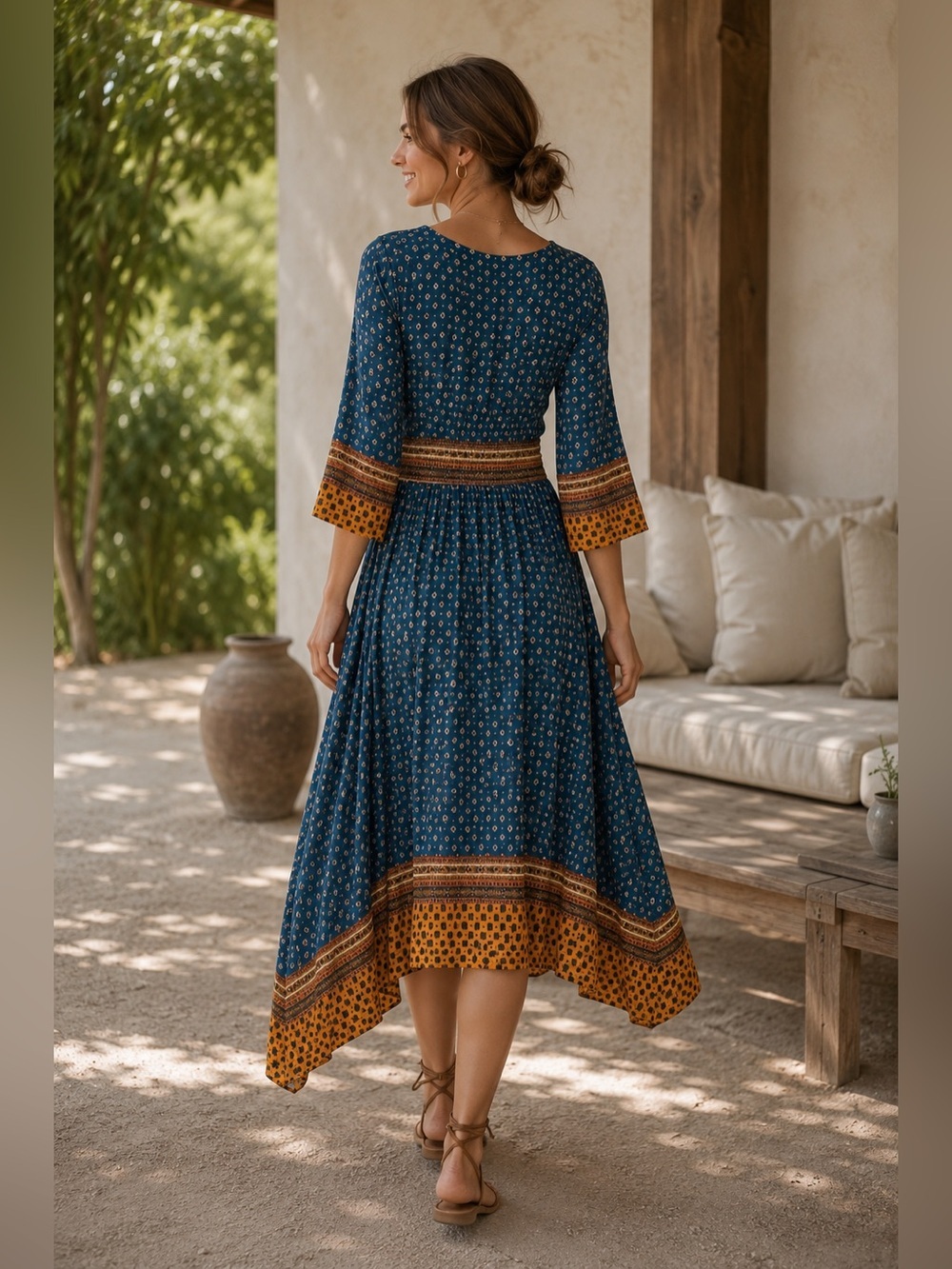 Anthropologie Maeve Blue Boho Tie Front Handkerchief Midi Dress S - Picture 2 of 9